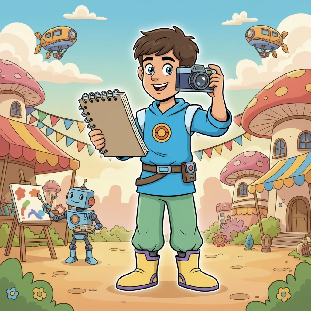 The right side of the split screen now dominates, showing "Future Leo 2." This Leo is depicted with a bright, energetic aura. He's standing tall, eyes sparkling with determination, holding a sketchbook or a camera, actively creating or engaging with something. The background behind him is full of cheerful, bright colors, perhaps a workshop or a bustling, inspiring outdoor scene. His features are simplified but highly expressive, conveying joy and focus.