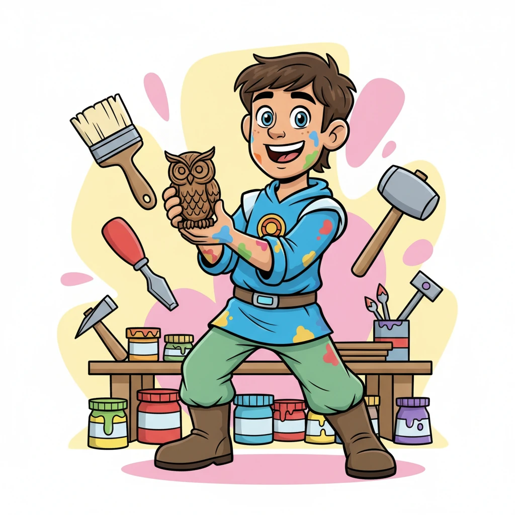 A close-up on the right side of the split screen, showing "Future Leo 2" fully. He's depicted with an exaggerated, joyful grin, perhaps covered in paint splatters, or holding a beautifully crafted wooden sculpture. His clothes are practical but stylish, reflecting his active life. The background is filled with playful, cartoonish tools or elements of his craft, all in vibrant, contrasting colors. His dynamic pose suggests energy and purpose.