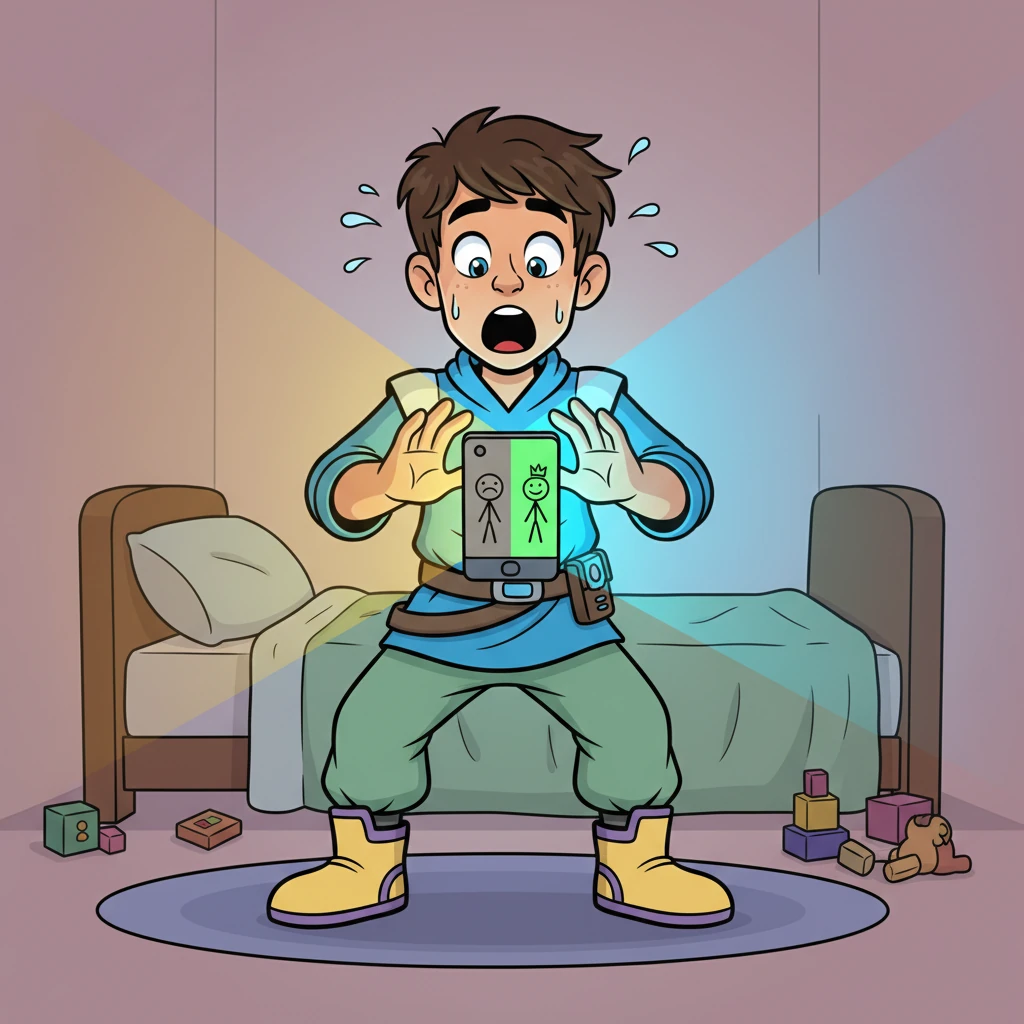 Leo is back in his room, hands still hovering over the phone, but his expression has completely changed. His eyes are wide with a mix of shock and dawning realization, his mouth a perfect "O" of surprise. Sweat beads are comically exaggerated on his forehead. The two futures are still visible on the phone screen, casting contrasting light on his face – one dull, one bright. His body is slightly tense, poised for action.