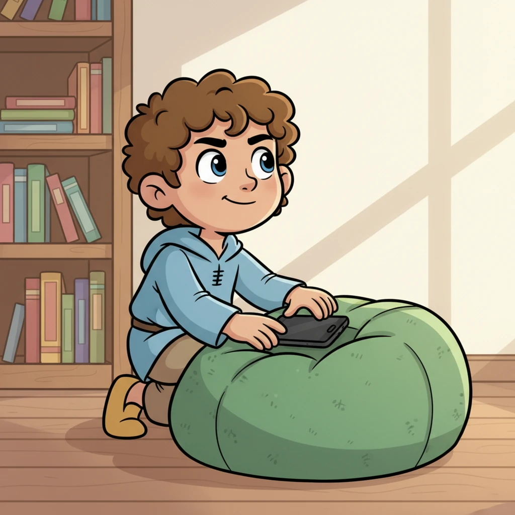 Leo is depicted gently placing his phone face down on the beanbag, the glowing screen now hidden. His hands are moving with deliberate slowness, emphasizing the weight of his decision. His head is lifted, eyes focused on something beyond the frame – perhaps a window, or a corner of his room he hadn't noticed. His expression is serious but hopeful, a newfound resolve in his simplified features. The room's colors seem to subtly brighten.