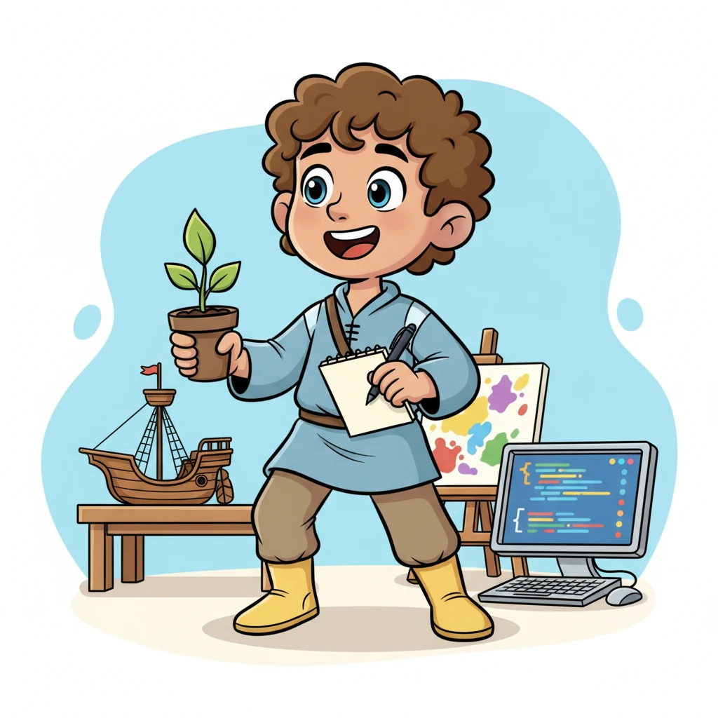 A vibrant, dynamic illustration of Leo, now full of energy. He's no longer slouched but standing tall, perhaps holding a book, or a pen and paper, or even a small, symbolic plant he's tending. The background shows subtle hints of future projects or skills he's developing – a half-built model, a canvas, a computer screen displaying code. He has a determined, joyful grin, and his eyes sparkle. The colors are bright and optimistic, with smooth, flowing lines conveying movement and progress.