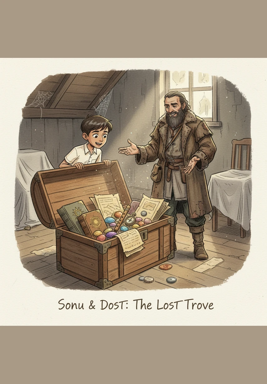 Inside the box, Sonu finds his grandfather’s old diary and a beautifully carved wooden key. The pages are yellowed with age, smelling of old paper and memories long forgotten.