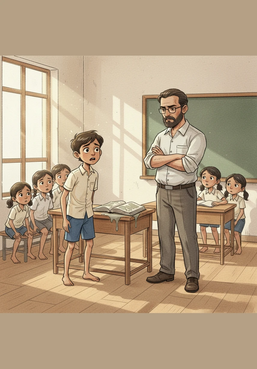 The next day at school, Sonu accidentally knocks his friend’s tiffin box off the desk, shattering it into pieces. Panicked and afraid of being scolded, he quickly hides the remains and stays silent while his friend looks for it.