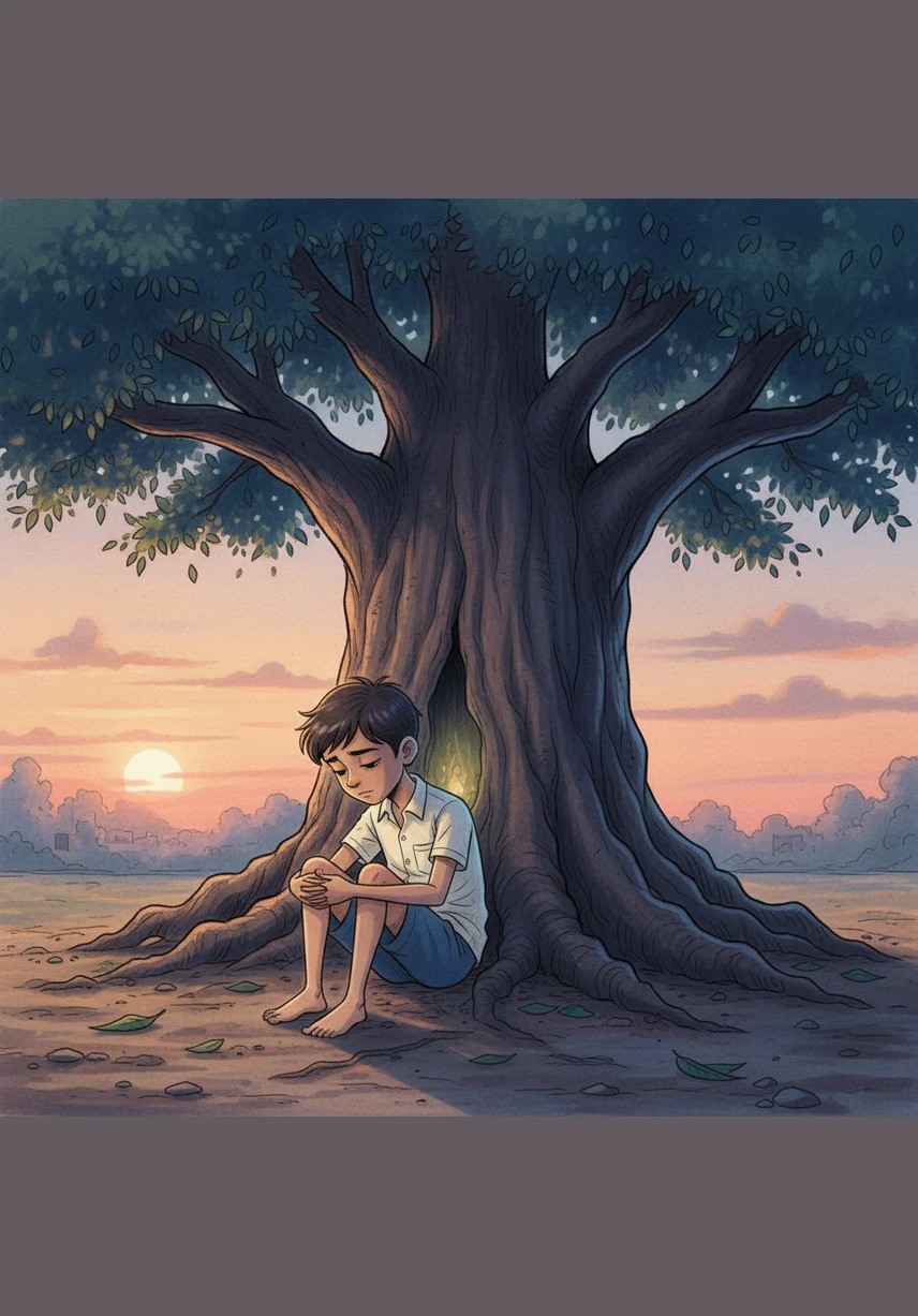 That evening, Sonu returns to the old neem tree, but his heart feels heavy like a stone. The secret of the tree no longer feels exciting, as the guilt of his silence weighs down on his spirit.