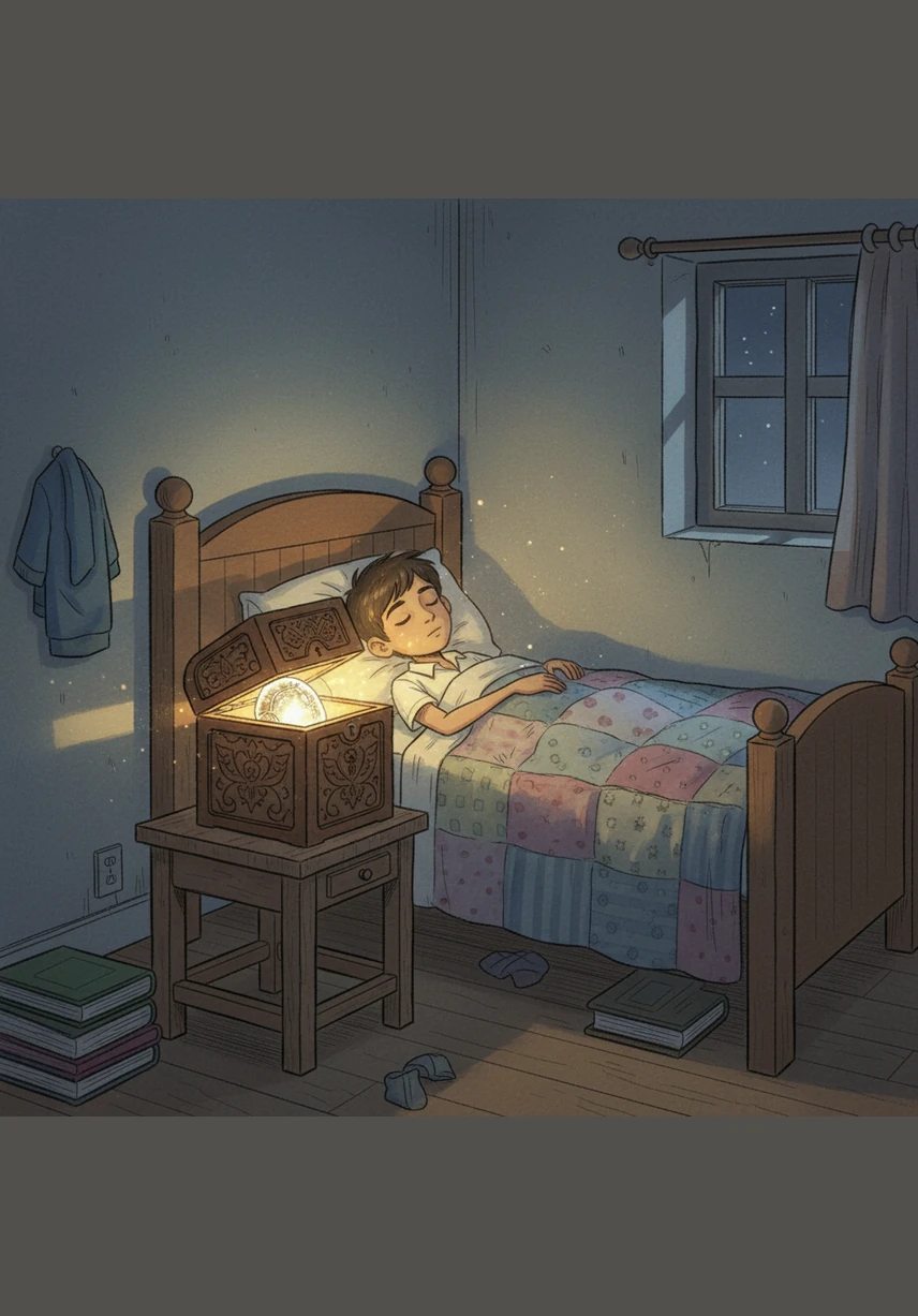 Late that night, the wooden box on Sonu's bedside table begins to glow with a soft, warm light. Without using the key, the lid slowly creaks open on its own, revealing something shimmering inside.