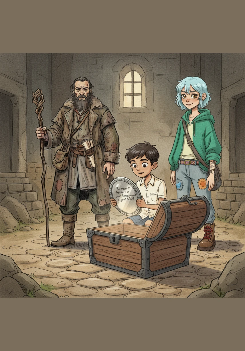 Instead of gold coins, Sonu finds a polished silver mirror at the bottom of the box. On the back, a message is inscribed: "The truest treasure is your honesty and a good heart."