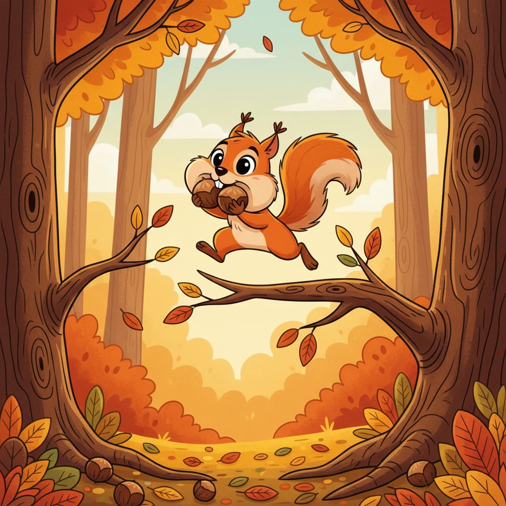 Saltitão, um esquilo cheio de energia, corria pela floresta outonal, recolhendo nozes com grande entusiasmo. Seus olhinhos brilhavam enquanto ele enchia as bochechas, saltitando de galho em galho.