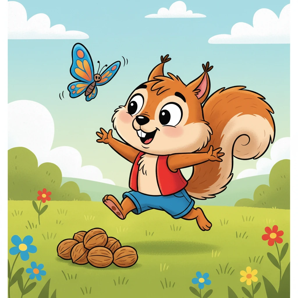 Em vez de guardar as nozes imediatamente, Saltitão se distraiu com uma borboleta colorida. Ele começou a brincar, deixando uma pequena pilha de nozes desprotegida, pensando que haveria muito tempo depois.