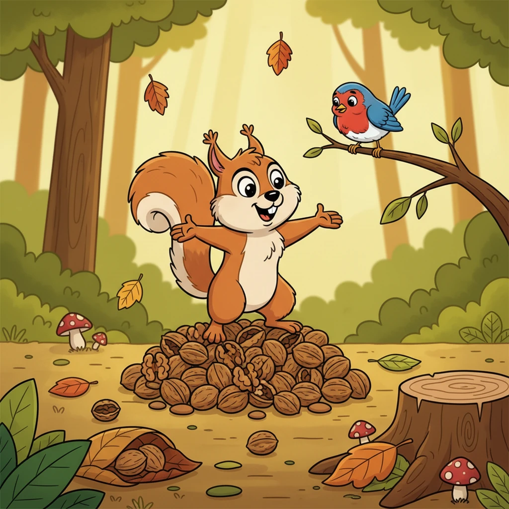 Orgulhoso de sua pequena coleção, Saltitão gabou-se para um pisco que passava. Ele descreveu sua "montanha" de nozes, embora muitas ainda estivessem espalhadas ou mal escondidas.