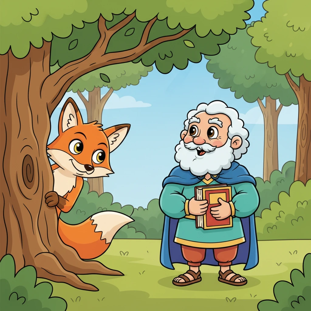 De repente, uma raposa astuta, Raposa Astuta, espreitou por trás de uma árvore robusta. Seus ouvidos pontudos captaram as palavras de Saltitão, e um brilho malicioso acendeu em seus olhos.