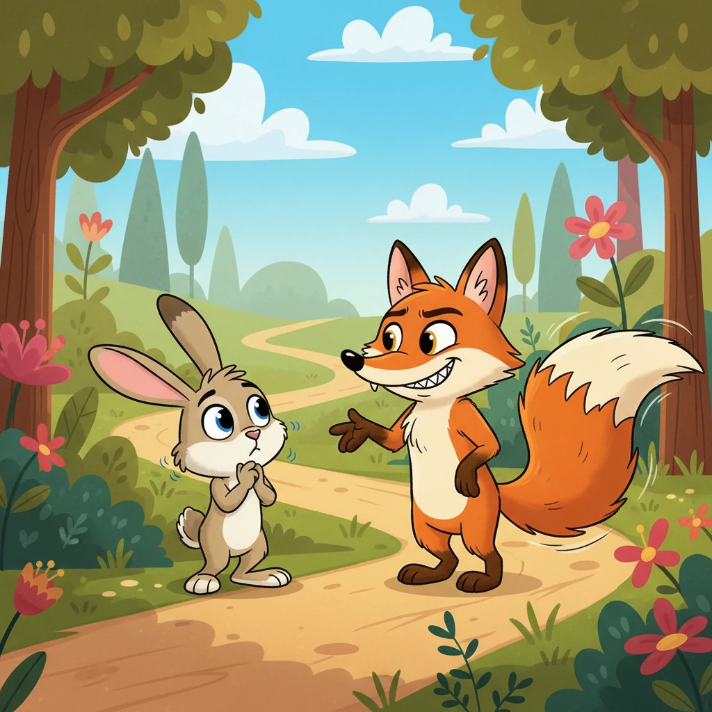 Saltitão, embora tentado pela promessa de um atalho fácil, sentiu um pequeno arrepio de dúvida. O sorriso da Raposa parecia um pouco forçado, e sua cauda balançava de uma forma estranha.