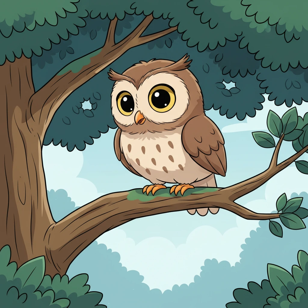 Lá no alto, empoleirada em um galho, a sábia Coruja Sábia observava a cena com seus grandes olhos redondos. Ela soltou um pio suave, quase um murmúrio, que serviu como um aviso sutil.