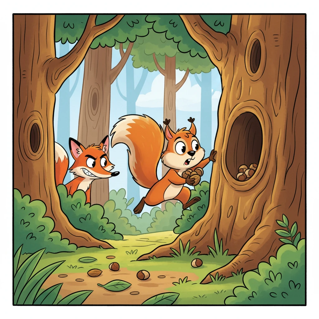 De repente, Saltitão lembrou-se dos conselhos de sua avó sobre estranhos e da maneira como a Raposa olhava para suas nozes. Com um salto rápido, ele juntou suas nozes espalhadas e correu para seu esconderijo verdadeiro e seguro na árvore.