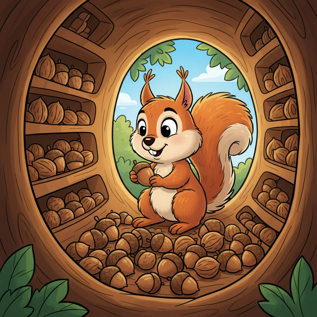 Saltitão trabalhou diligentemente, enterrando e organizando suas nozes corretamente em seu oco seguro. Ele percebeu que a verdadeira segurança vinha de seu próprio esforço e não de promessas fáceis.