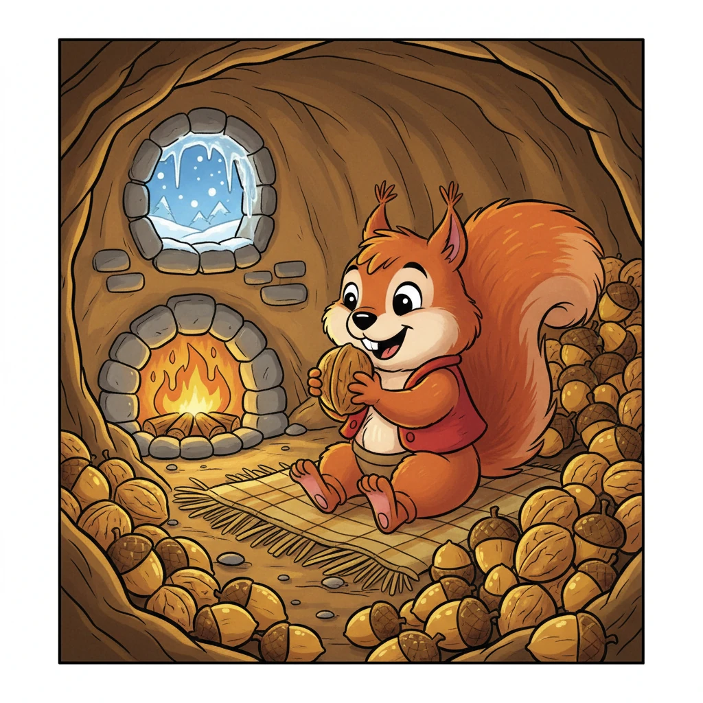 O inverno chegou, e Saltitão desfrutou de suas nozes cuidadosamente guardadas, quentinho e contente em seu lar. Ele aprendeu que trabalho duro, humildade e cautela eram muito mais valiosos do que atalhos ou gabar-se.