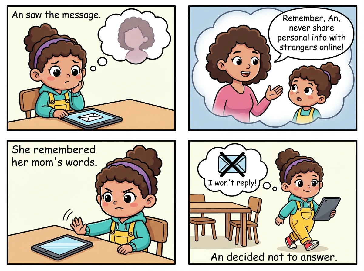 An nhớ lại lời mẹ dặn không được chia sẻ thông tin cá nhân với người lạ trên mạng. An quyết định không trả lời tin nhắn đó.