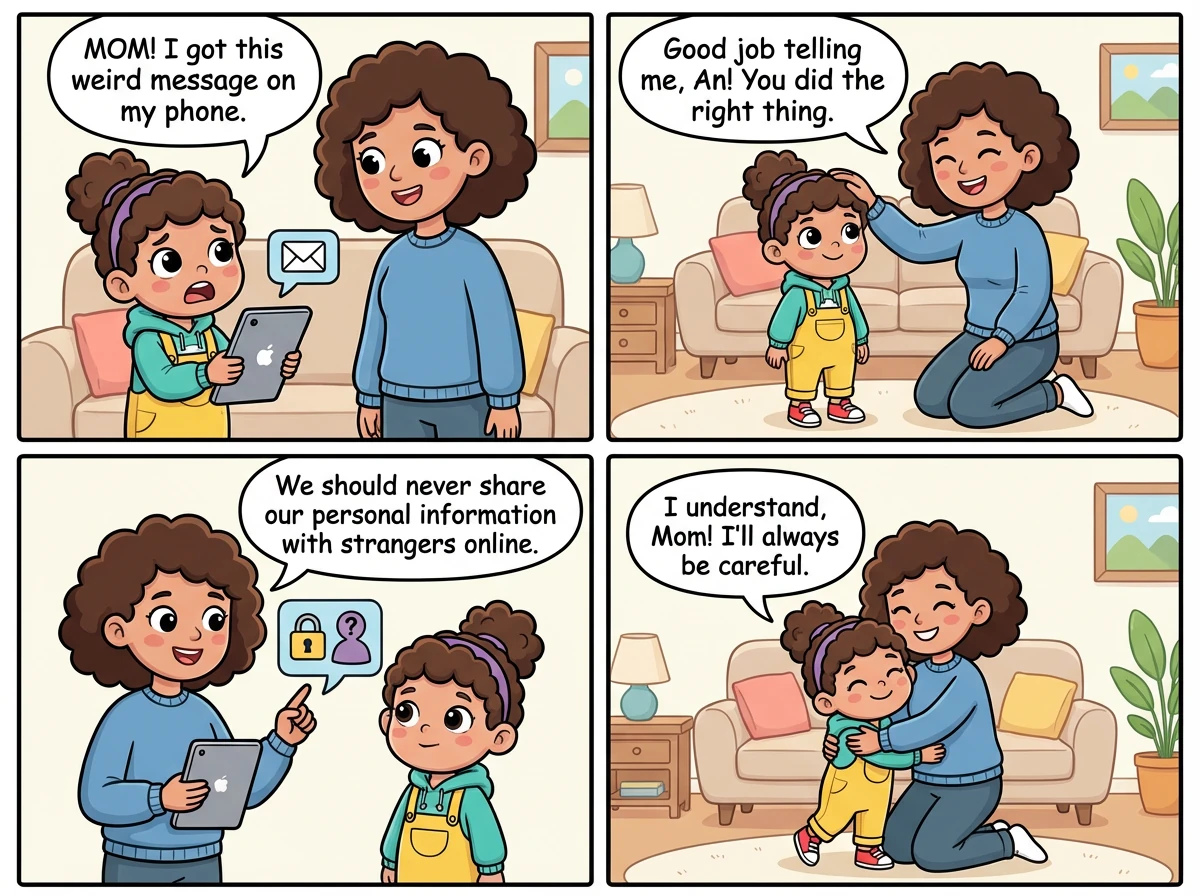 An kể cho mẹ nghe về tin nhắn lạ. Mẹ An khen An đã làm đúng và giải thích thêm về những nguy hiểm khi chia sẻ thông tin cá nhân.