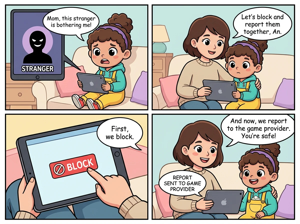Mẹ An giúp An chặn người lạ đó và báo cáo tài khoản của họ với nhà cung cấp dịch vụ trò chơi.