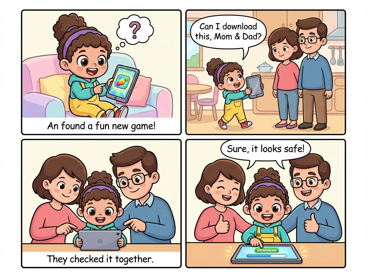 An luôn hỏi ý kiến bố mẹ trước khi tải bất kỳ ứng dụng hoặc trò chơi mới nào.