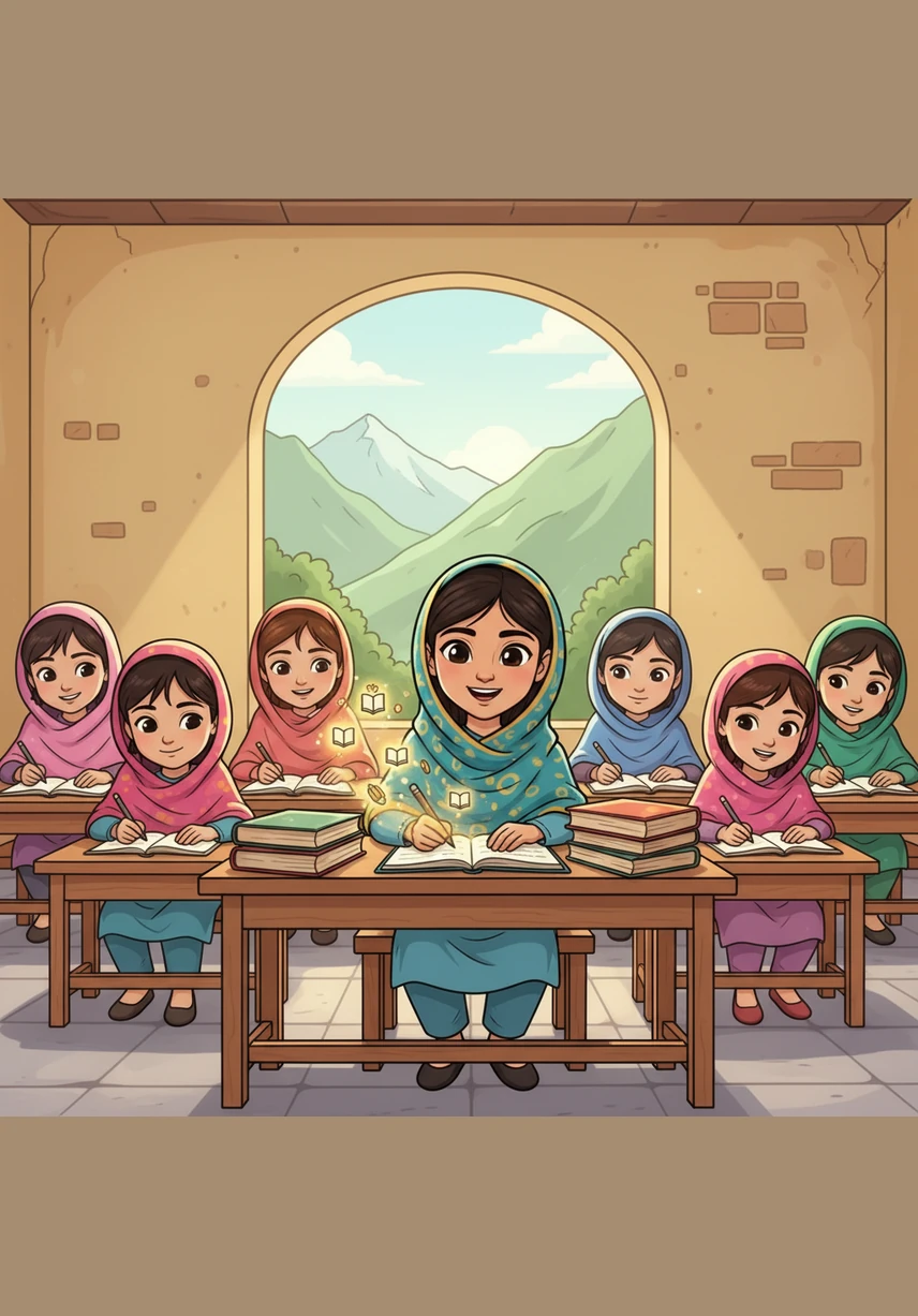 In the beautiful Swat Valley of Pakistan, young Malala woke up every day with a smile, eager to fill her mind with stories and knowledge. She loved the smell of old books and the sound of her pencil scratching against paper in her favorite classroom.