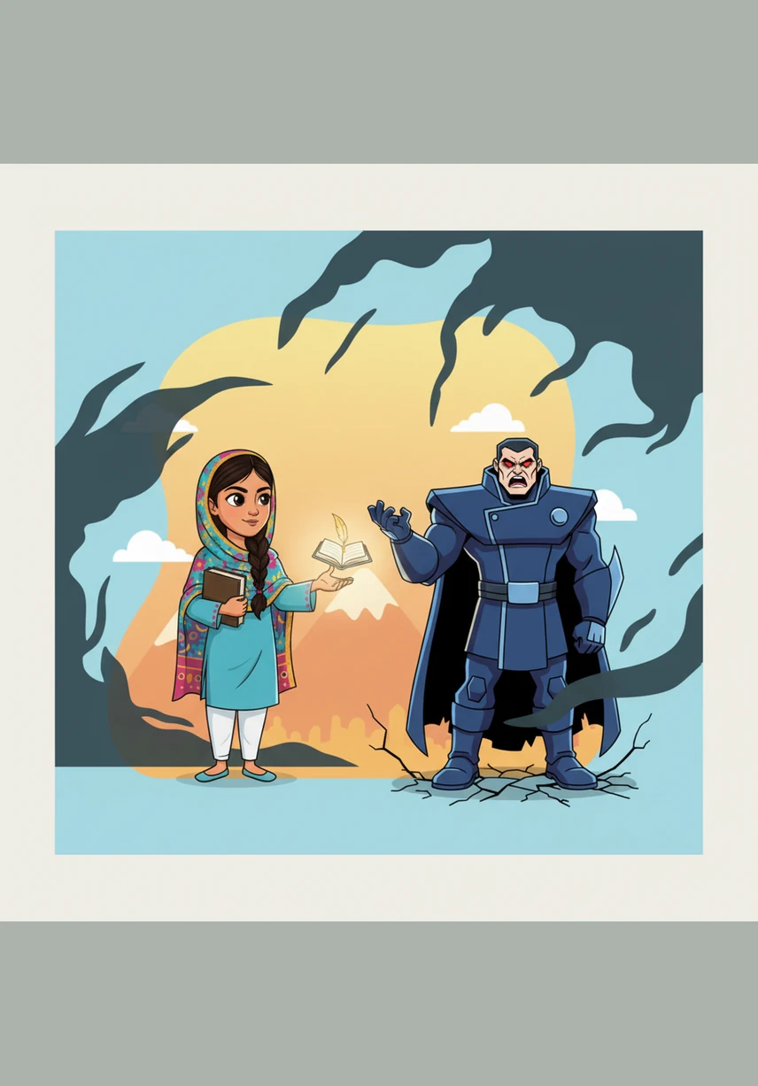 One day, dark shadows fell over the valley as extremists declared that girls were no longer allowed to attend school. Malala looked at the closed school gates with a heavy heart, but her spirit remained bright and her determination grew stronger.