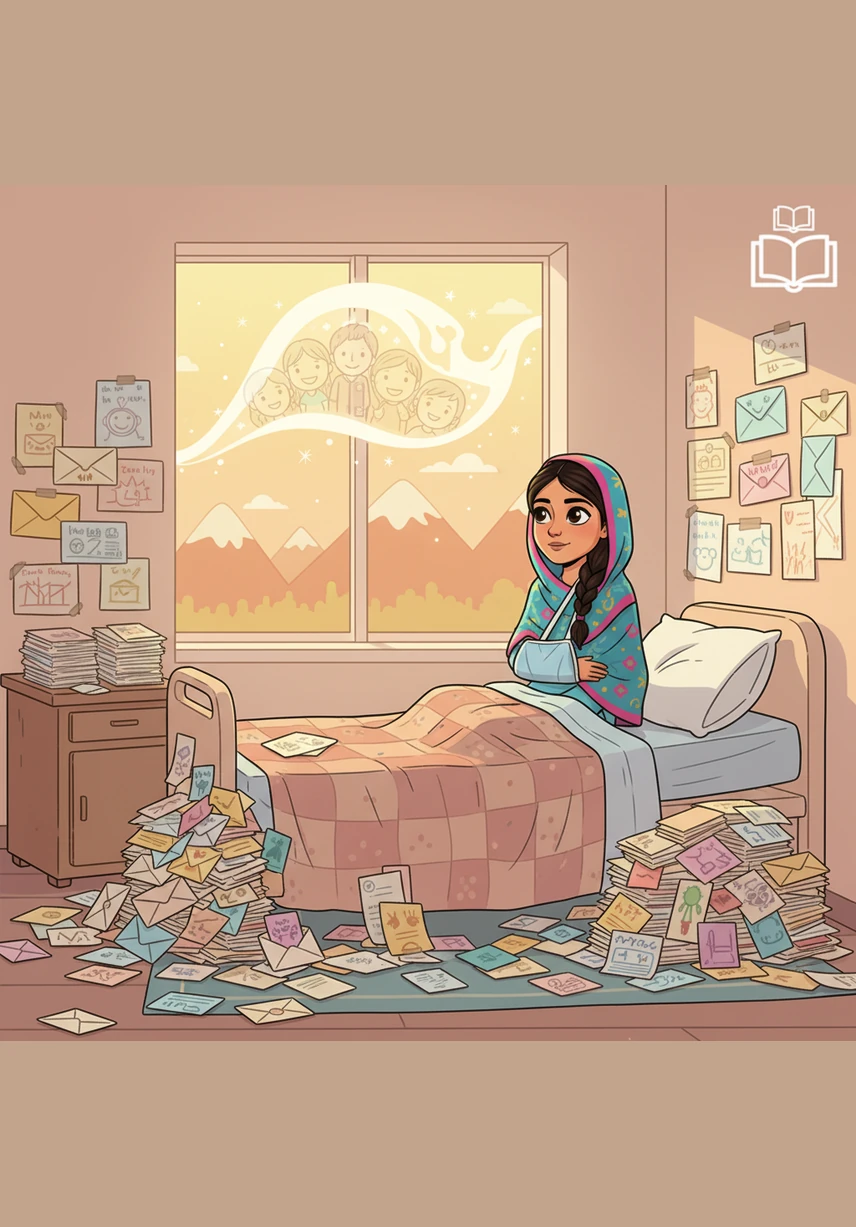 While she rested and healed in a hospital far from home, thousands of letters and colorful cards arrived from children across the globe. Malala realized she wasn't fighting alone; a massive wave of support was rising to carry her message forward.