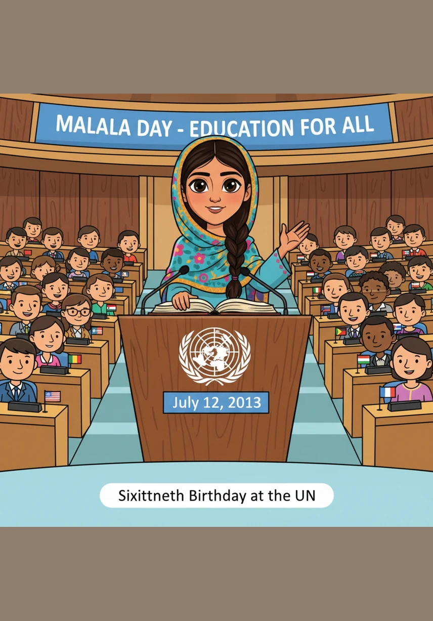 On her sixteenth birthday, Malala stood tall at the United Nations, wearing a bright shawl and speaking to leaders from every nation. She told the world that education is a right for every child, and her words moved the hearts of everyone listening.