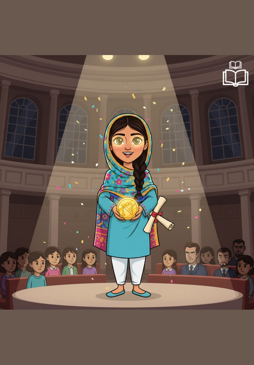 At just seventeen years old, Malala stood on a grand stage to receive the Nobel Peace Prize, becoming the youngest person ever to receive the honor. The gold medal sparkled, but it was the hope in her eyes that truly illuminated the room.