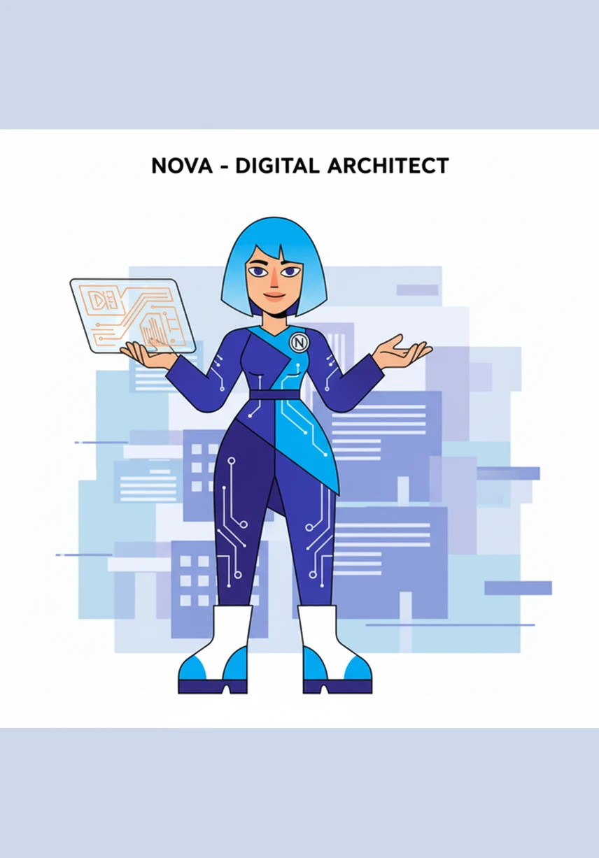 Nova stands before a dark, silent void, her fingertips glowing with a soft, ethereal blue light. She prepares to initiate the Aether Dashboard, the most advanced automation system ever conceived.