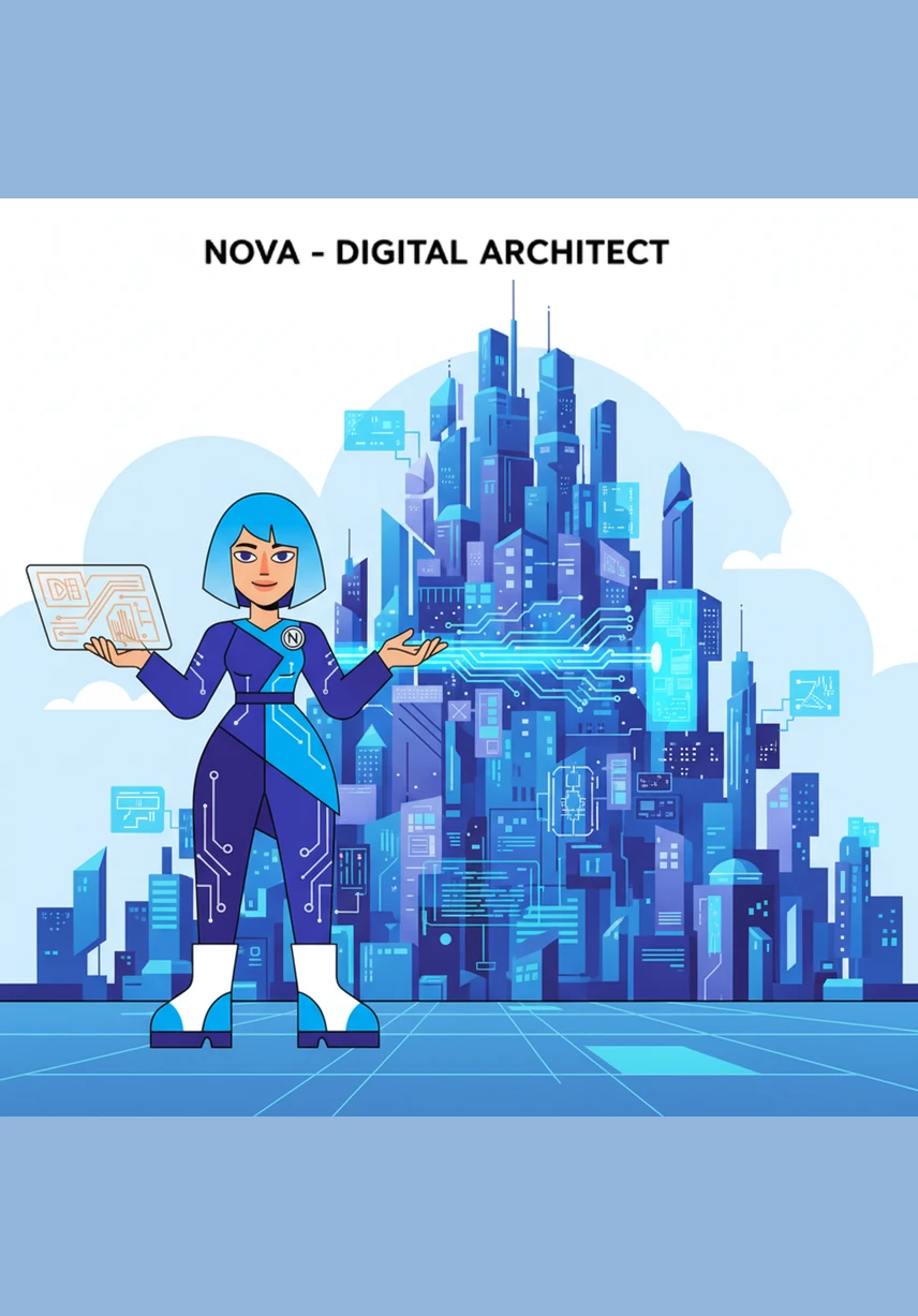 Nova begins to trace elegant lines in the air, weaving shimmering golden threads of light between the floating nodes. These glowing connections represent the seamless flow of energy and data across the digital landscape.