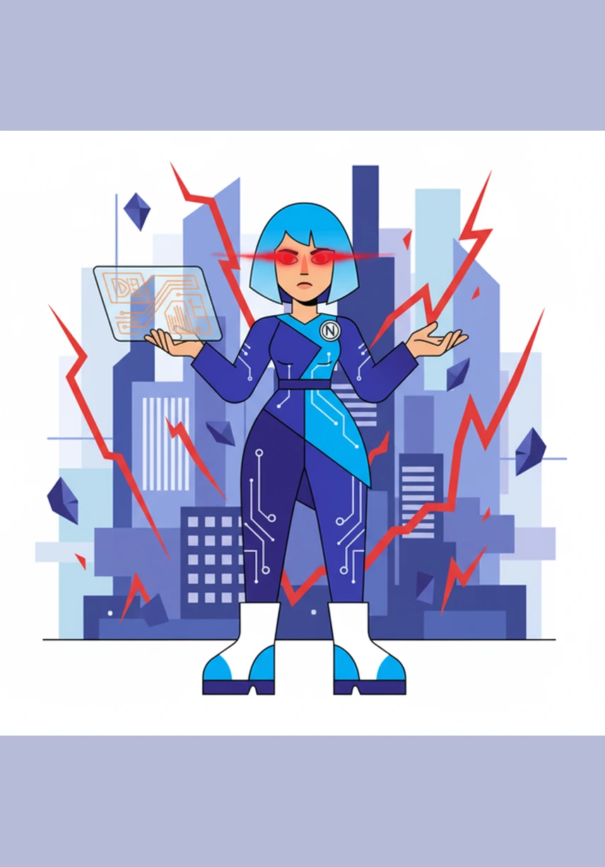 Nova remains calm and focused, her eyes reflecting the intense crimson glow as she expands the virtual workspace. She uses her interface tools to isolate the rogue data, preventing the entire dashboard from collapsing into chaos.