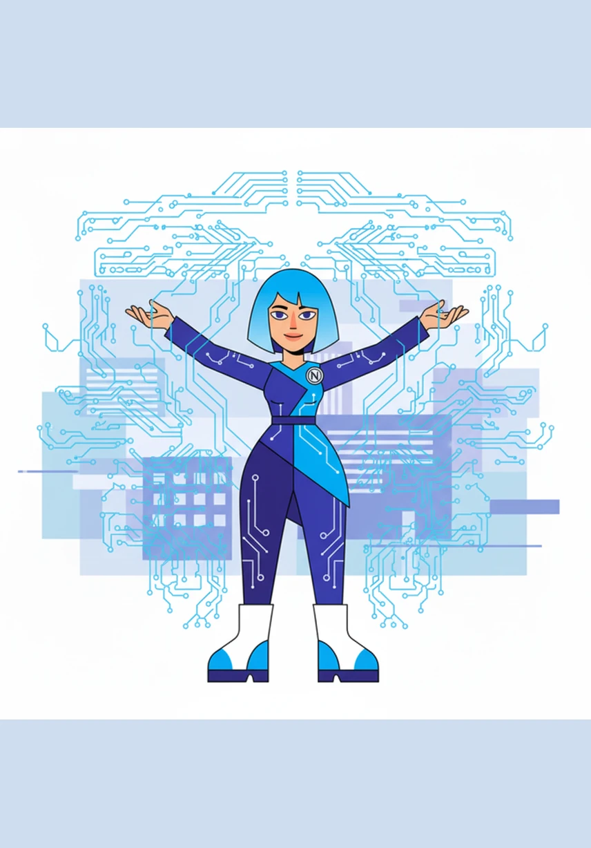 With the crisis averted, Nova sweeps her arms in a wide, graceful arc to streamline the entire interface. The nodes settle into a breathtaking, multi-layered constellation of peak efficiency and order.