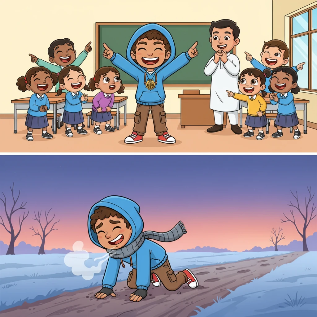 In school, when Masterji asks what they'll become, Arjun boldly declares, "I will be a soldier!" The class erupts in laughter, pointing out his thin frame. Undeterred, Arjun decides that day to start running every morning. Waking at 4 AM, even in winter, he runs through the fields, falling but always getting back up, slowly building strength and stamina.