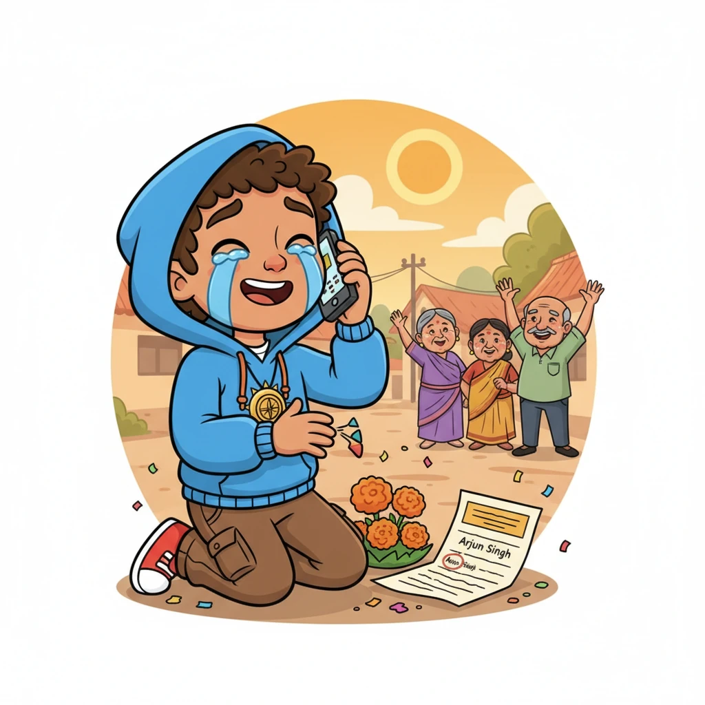 A year later, Arjun retakes the exams, successfully clearing all three stages: medical, physical, and written. When the selection list is published, his name, Arjun Singh, is proudly among the selected candidates. Overwhelmed with emotion, he sinks to the ground, tears streaming, and immediately calls his village. His mother cries tears of joy, and his father declares, "Today, my son truly became a warrior."