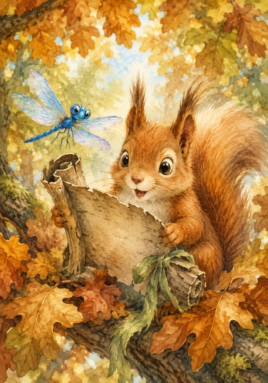 High up in the canopy of the Whispering Woods, a curious little squirrel named Sammy was rustling through a pile of crisp, autumn leaves. Suddenly, his paws brushed against a rolled-up piece of old, weathered bark tied with a faded green ribbon. Unrolling it with a gasp, Sammy stared down at an intricately drawn map marked with a glittering golden X.