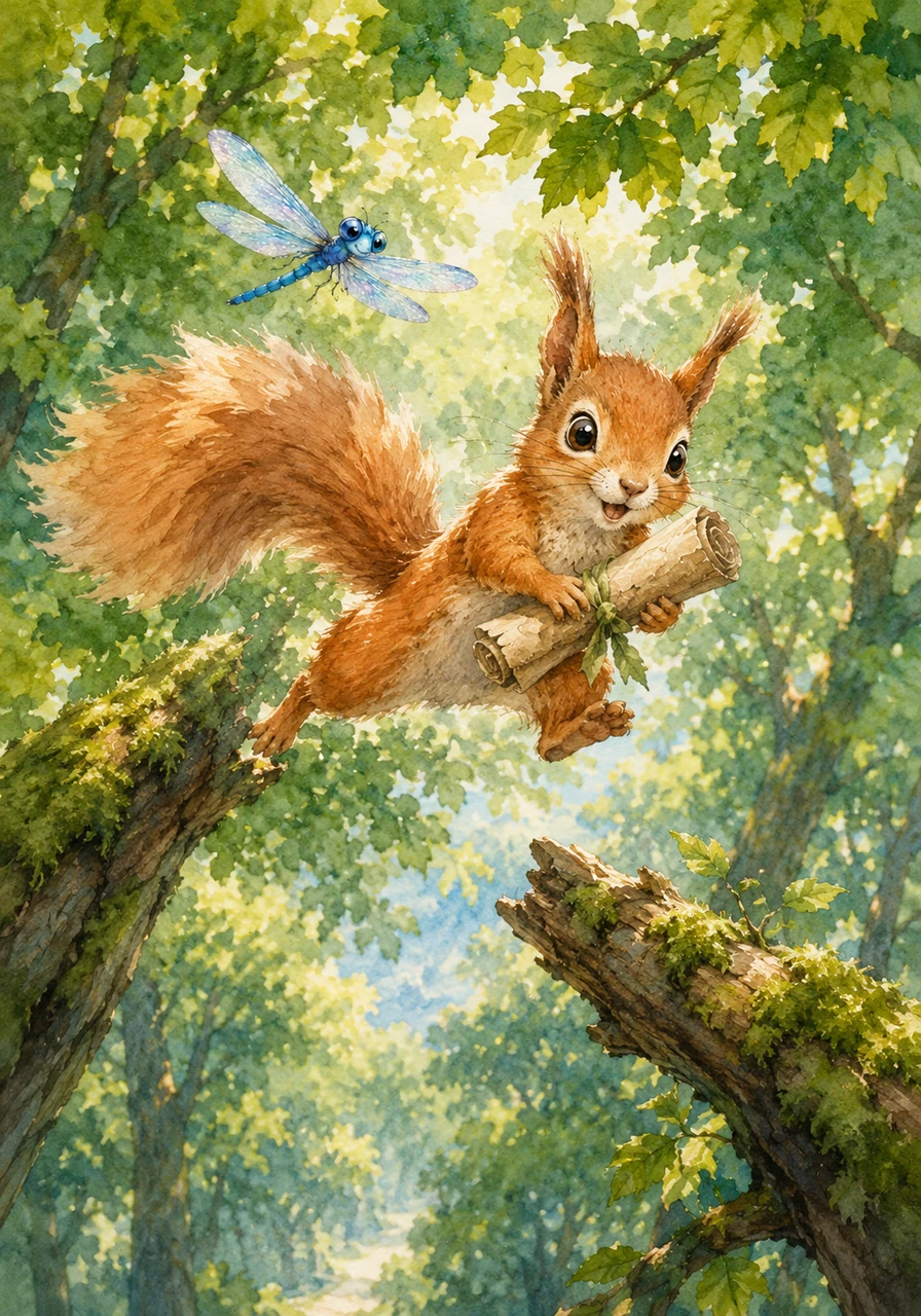 With the mysterious map clutched tightly in his paws, Sammy leaped from branch to branch, his fluffy tail trailing behind him like a banner. The afternoon sun filtered through the dense green leaves, casting dancing shadows on the forest floor as he followed the first curving line on the map. His heart pounded with excitement at the thought of what the hidden treasure could be.