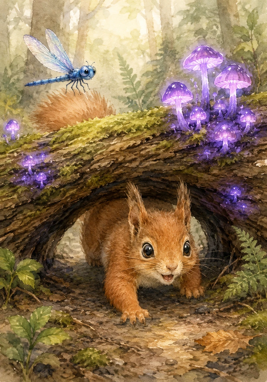 The map led Sammy down to the forest floor, where he encountered a giant, moss-covered log blocking his path. Sprouting from the damp wood were clusters of glowing, purple mushrooms that illuminated a tiny tunnel underneath. Taking a deep breath, the brave little squirrel squeezed through the glowing passageway, eager to see what lay on the other side.