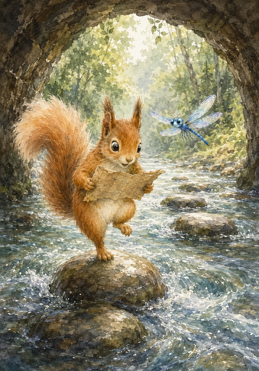 Emerging from the tunnel, Sammy found himself at the edge of a wide, bubbling stream filled with smooth, stepping stones. He carefully balanced on one foot, consulting the map to ensure he crossed at the exact spot where the water sung the loudest. A friendly blue dragonfly hovered nearby, buzzing softly as if cheering the little explorer onward.