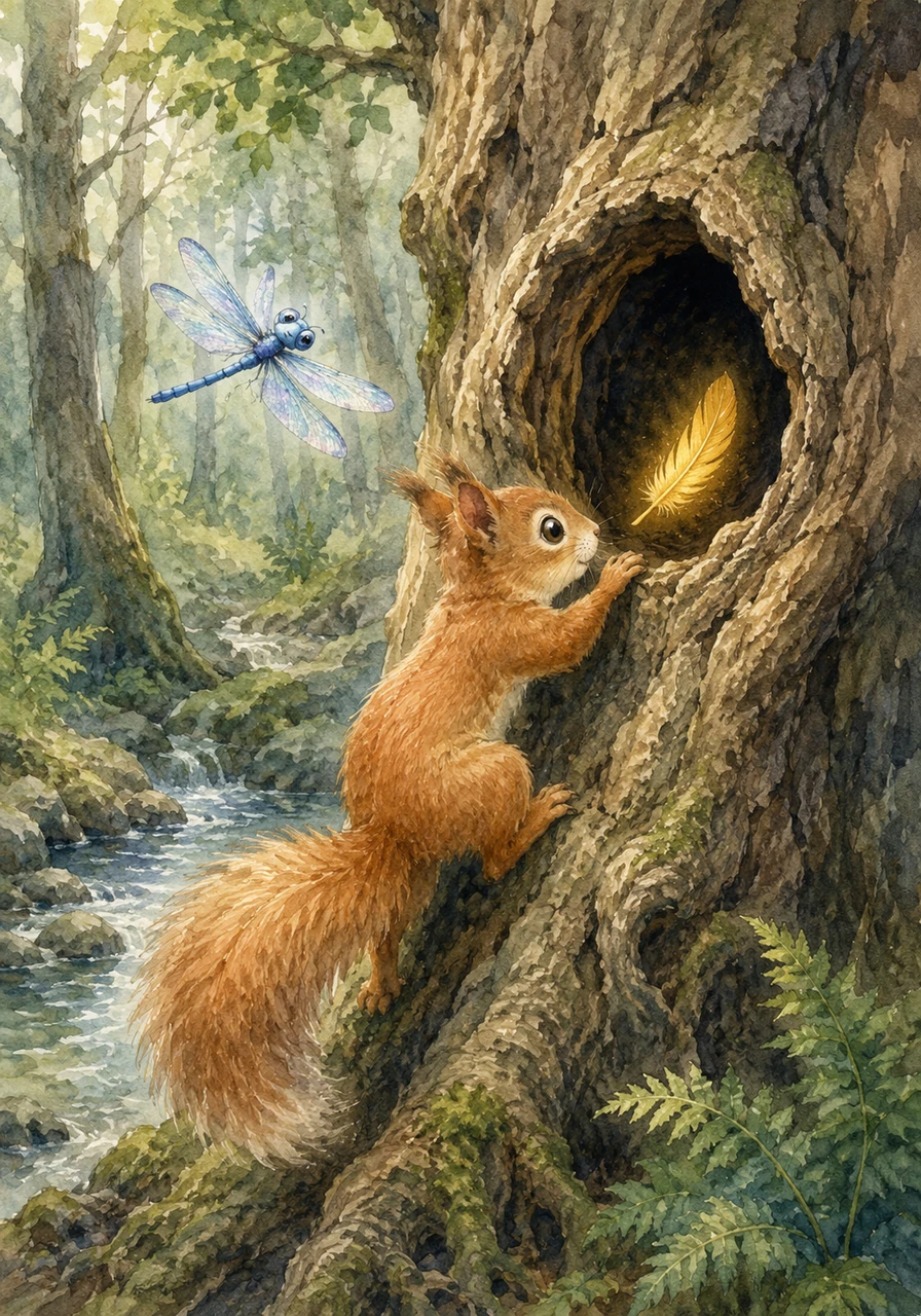 Across the stream, the forest grew dense and ancient, dominated by a massive, hollow oak tree with roots that looked like twisted giants. According to the map, the next clue was hidden inside the tree's dark knot-hole. Sammy scrambled up the rough bark and peered into the darkness, his eyes widening as he spotted a single, shimmering golden feather pointing deeper into the woods.