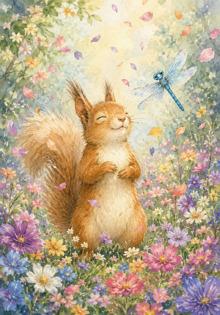 Following the direction of the golden feather, Sammy entered a hidden clearing completely carpeted in vibrant, soft wildflowers. A gentle breeze swept through the meadow, sending colorful petals swirling around him like a magical storm of confetti. He paused for a moment, breathing in the sweet scent of nature and feeling incredibly grateful for this grand adventure.