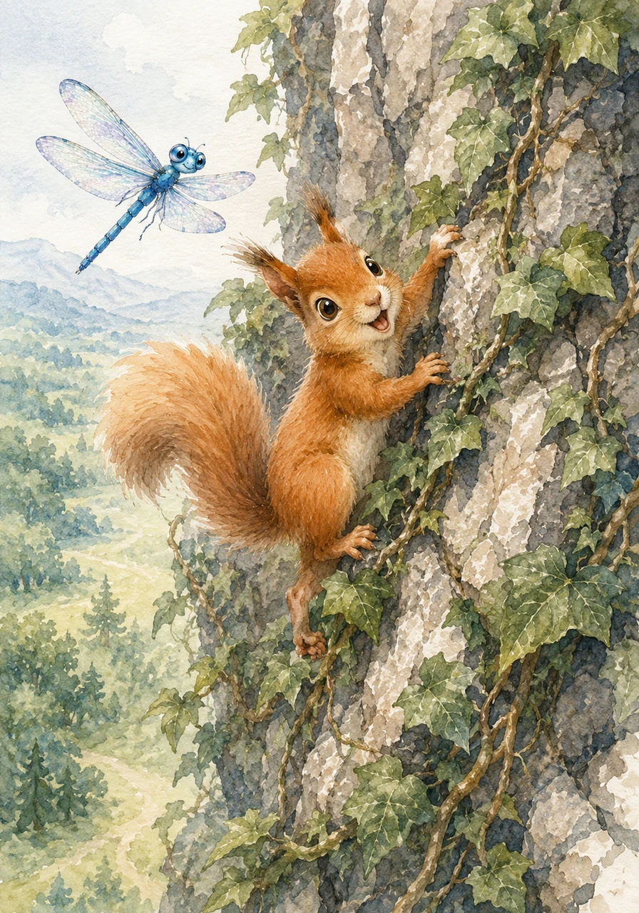 At the far edge of the meadow stood a sheer, rocky cliffside covered in thick, tangled ivy. Sammy checked his map one last time and realized the final path went straight up through the green vines. Digging his tiny claws into the rock face, he determinedly climbed higher and higher until the forest floor was far below him.