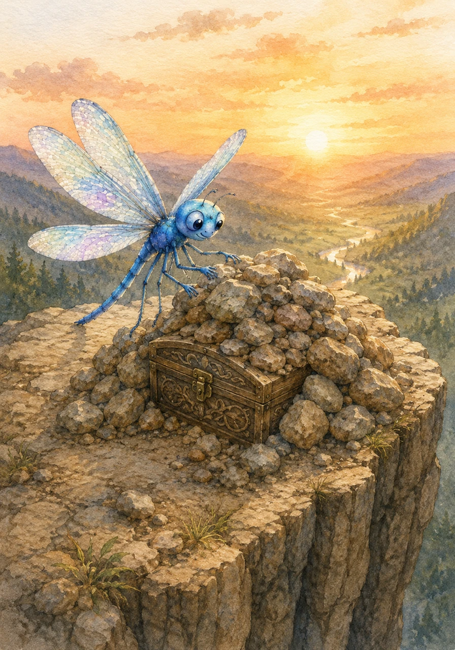 Sammy pulled himself up onto the very top of the cliff, where the entire valley stretched out beneath him under a warm, amber sunset. In the center of the rocky plateau sat a beautifully carved wooden chest, half-buried under a pile of smooth stones. Sammy approached the chest on tiptoe, his paws trembling slightly with anticipation.