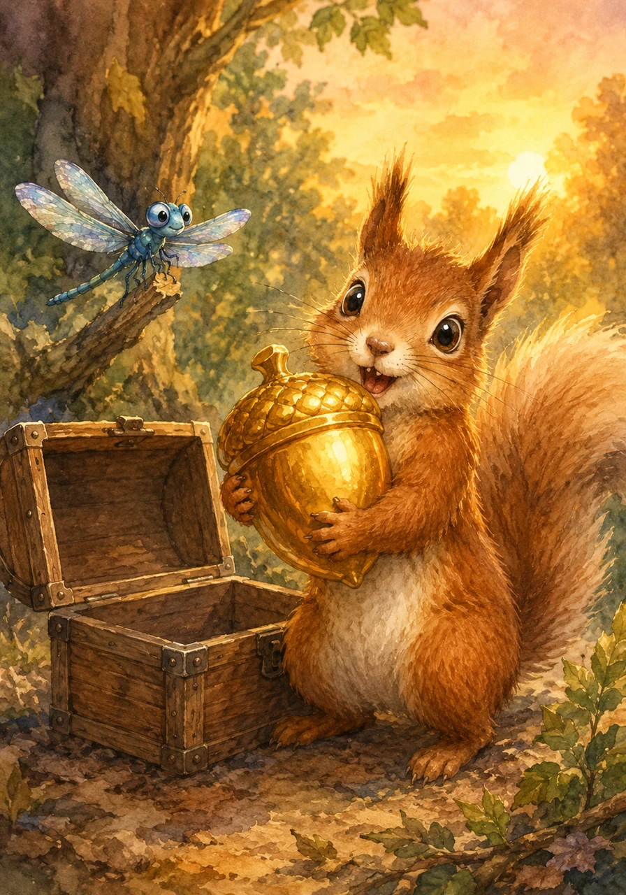 With a soft click, the wooden chest swung open to reveal its spectacular contents. Inside sat a magnificent, oversized acorn made entirely of solid, polished gold that caught the last rays of the setting sun. Sammy cheered with joy, hugging the heavy prize close to his chest and realizing that his bravery had brought him to the greatest prize in the forest.