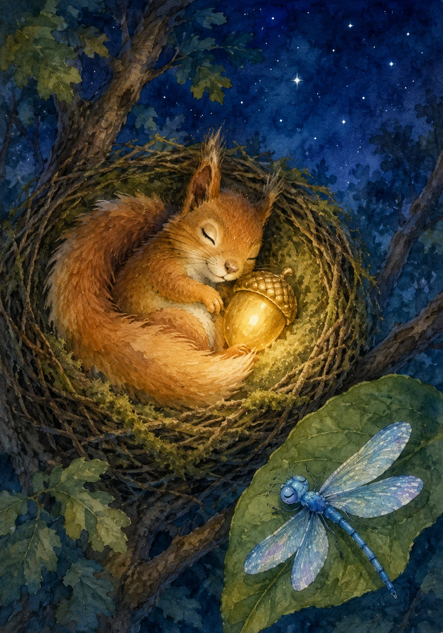 As the stars began to twinkle in the night sky, Sammy safely returned to his cozy nest high in the branches, carrying his golden trophy. He snuggled deep into his bed of moss, looking out at the peaceful forest he had so bravely explored. With the golden acorn glowing softly beside him, the tired little adventurer closed his eyes and drifted off into sweet dreams of his next big journey.