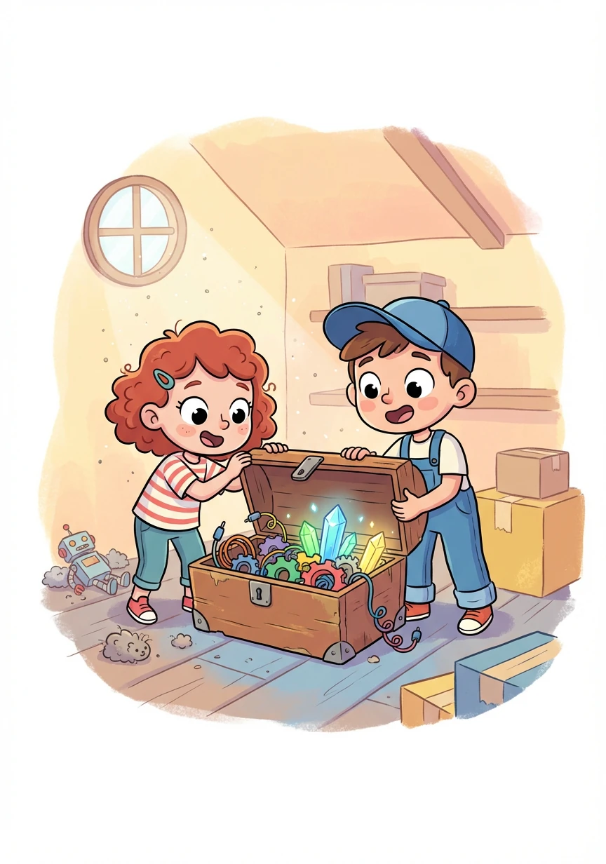 Lily and Tom are exploring their grandparents' dusty attic when they stumble upon an old wooden toolbox tucked away in a corner. Curious, they pry it open to reveal a strange assortment of gears, wires, and glowing crystals.