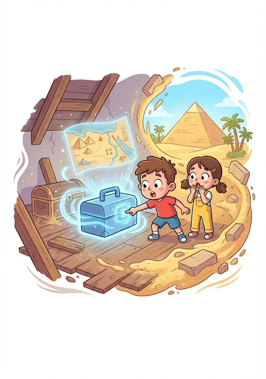 Suddenly, the toolbox whirs to life, bathing the attic in a soft, blue light. A holographic display flickers on, showing a map of ancient Egypt. Tom accidentally presses a button, and the attic disappears, replaced by the scorching sands of the desert.
