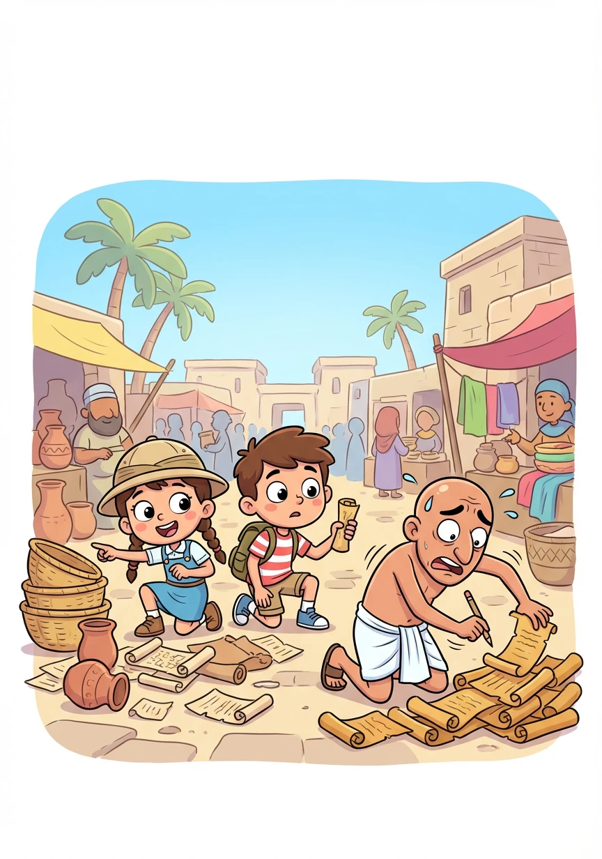 Lost in ancient Egypt, Lily and Tom encounter a frantic scribe who has misplaced a crucial hieroglyph needed to complete a royal decree. They search through bustling marketplaces and dusty tombs, deciphering clues to find the missing symbol before the Pharaoh notices.