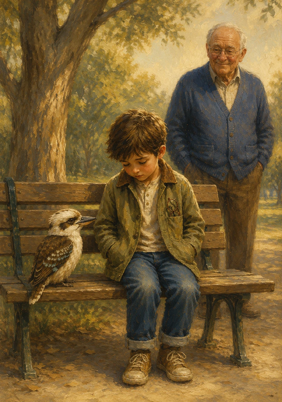 With a gentle flutter of wings, the kookaburra glided down from his high branch and landed softly on the bench beside the boy. He tilted his head curiously, offering his quiet company to the sad child.