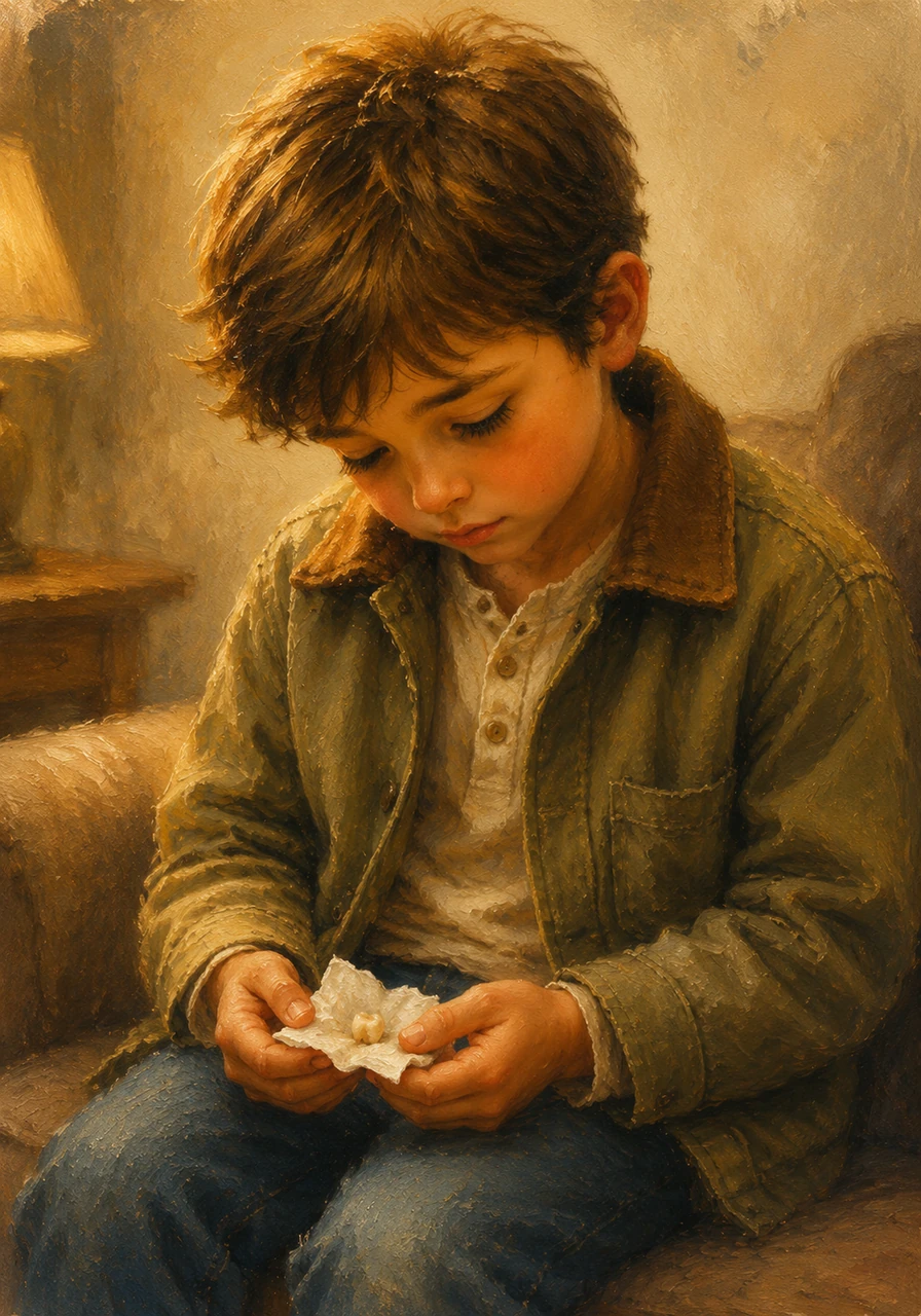 Leo sat quietly for a long moment, thinking about his Pop and a special memory of a lost tooth wrapped carefully in a tissue. Suddenly, he remembered his Pop placing that tooth safely in his pocket to keep it from being lost.