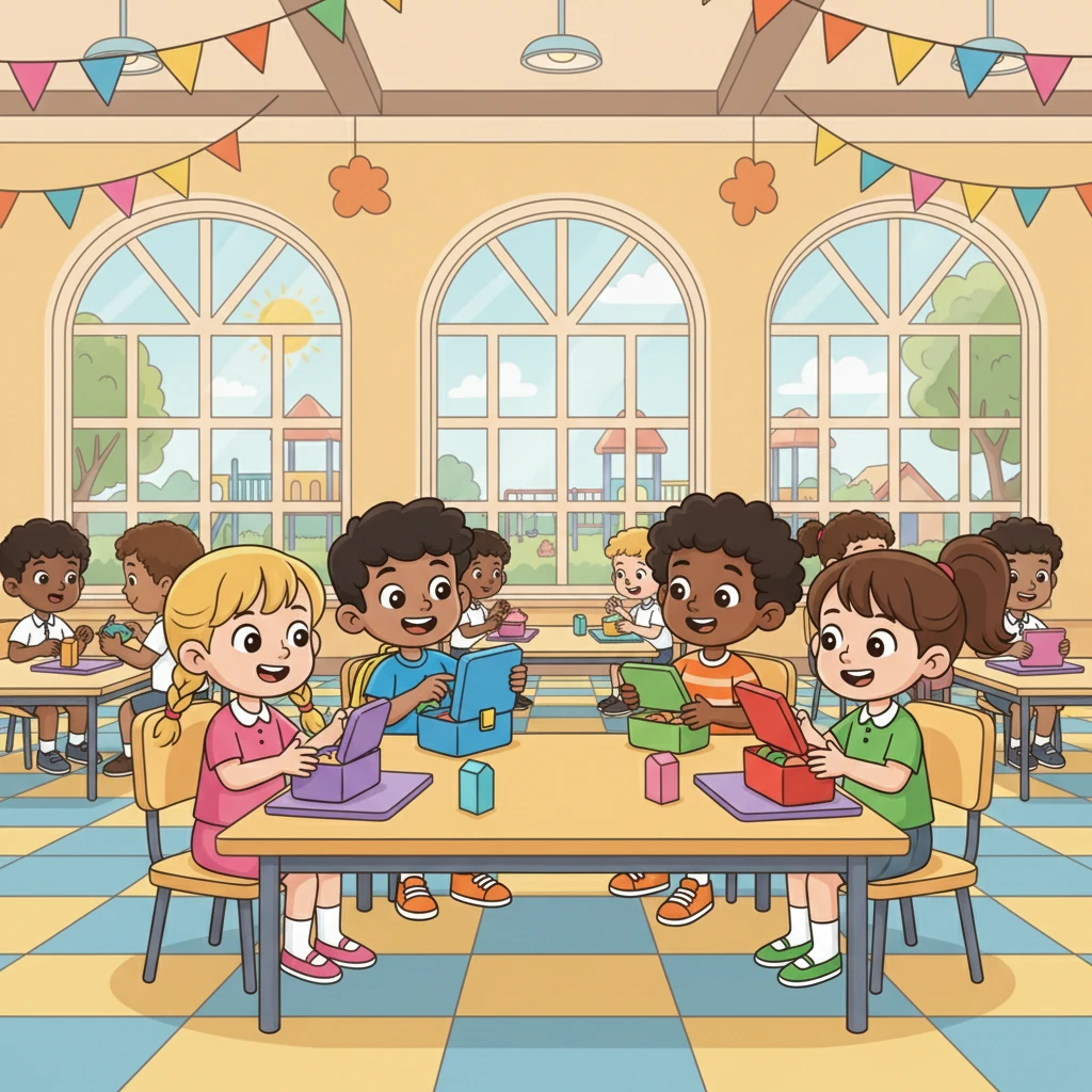 Ali and his friends are excited! It's lunchtime at school. The children are in the bright and cheerful canteen. They open their colourful lunchboxes.